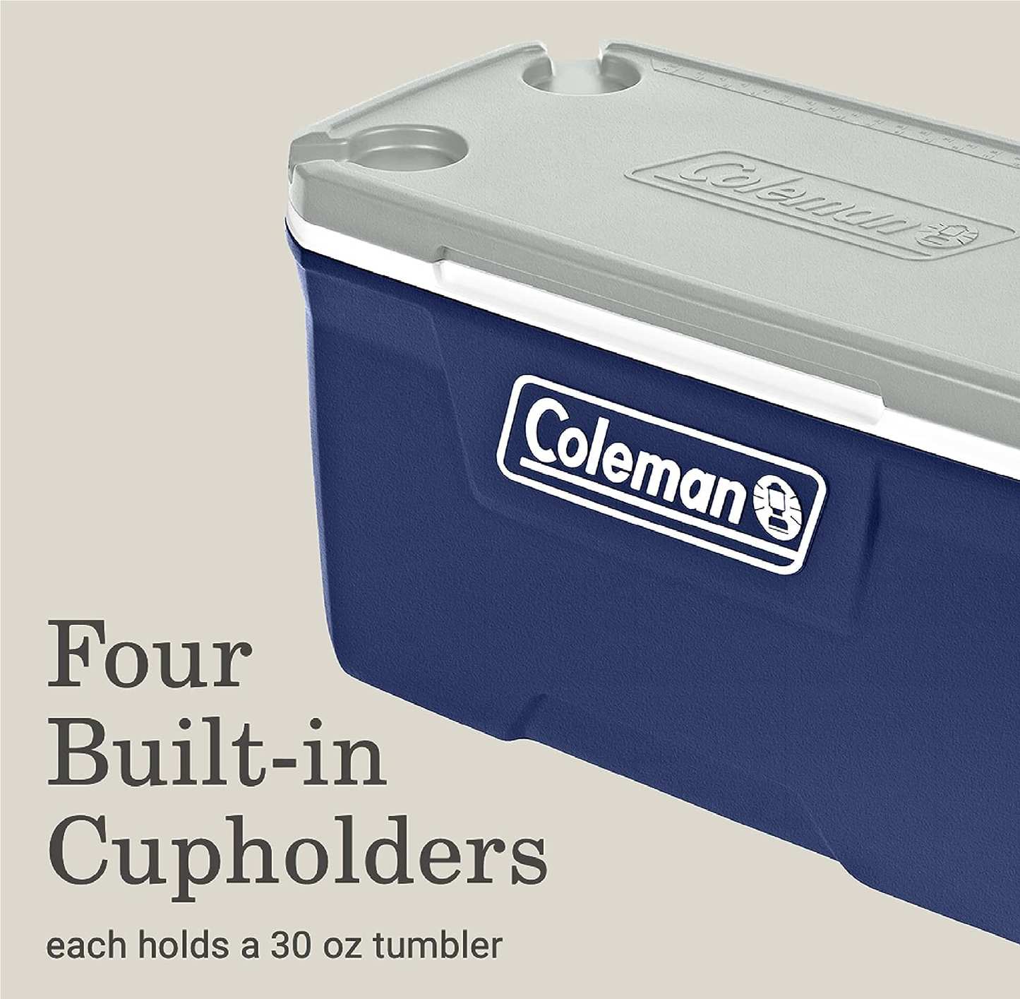 HIELERA COLEMAN 70 QT, TAPA CON MOLDE PORTAVASOS Y ASAS, AZUL C/ GRIS