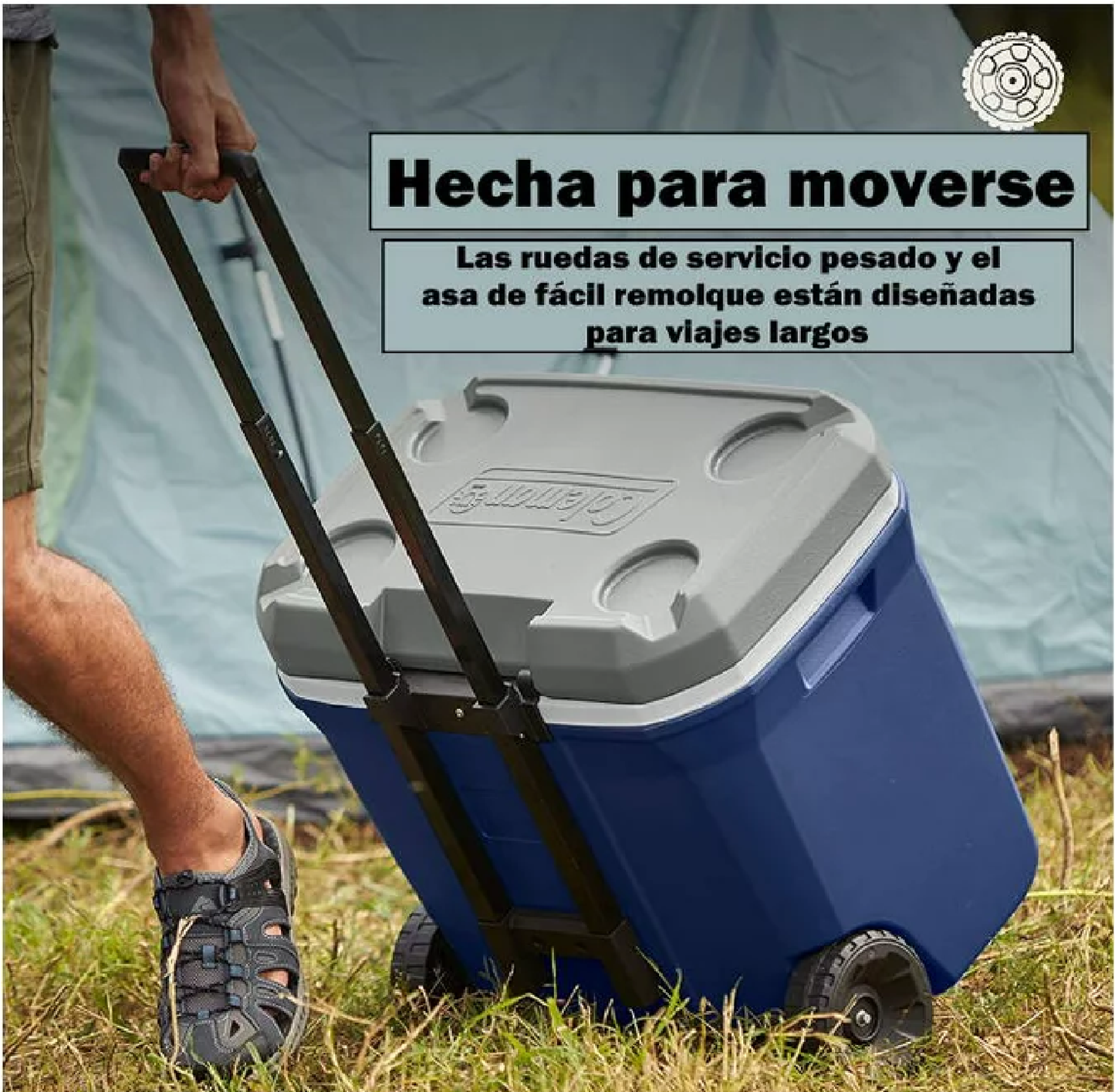 HIELERA COLEMAN 65 QT, TAPA MOLDE PORTAVASOS, ASA DE TRANSPORTE Y LLANTAS, AZUL C/GRIS