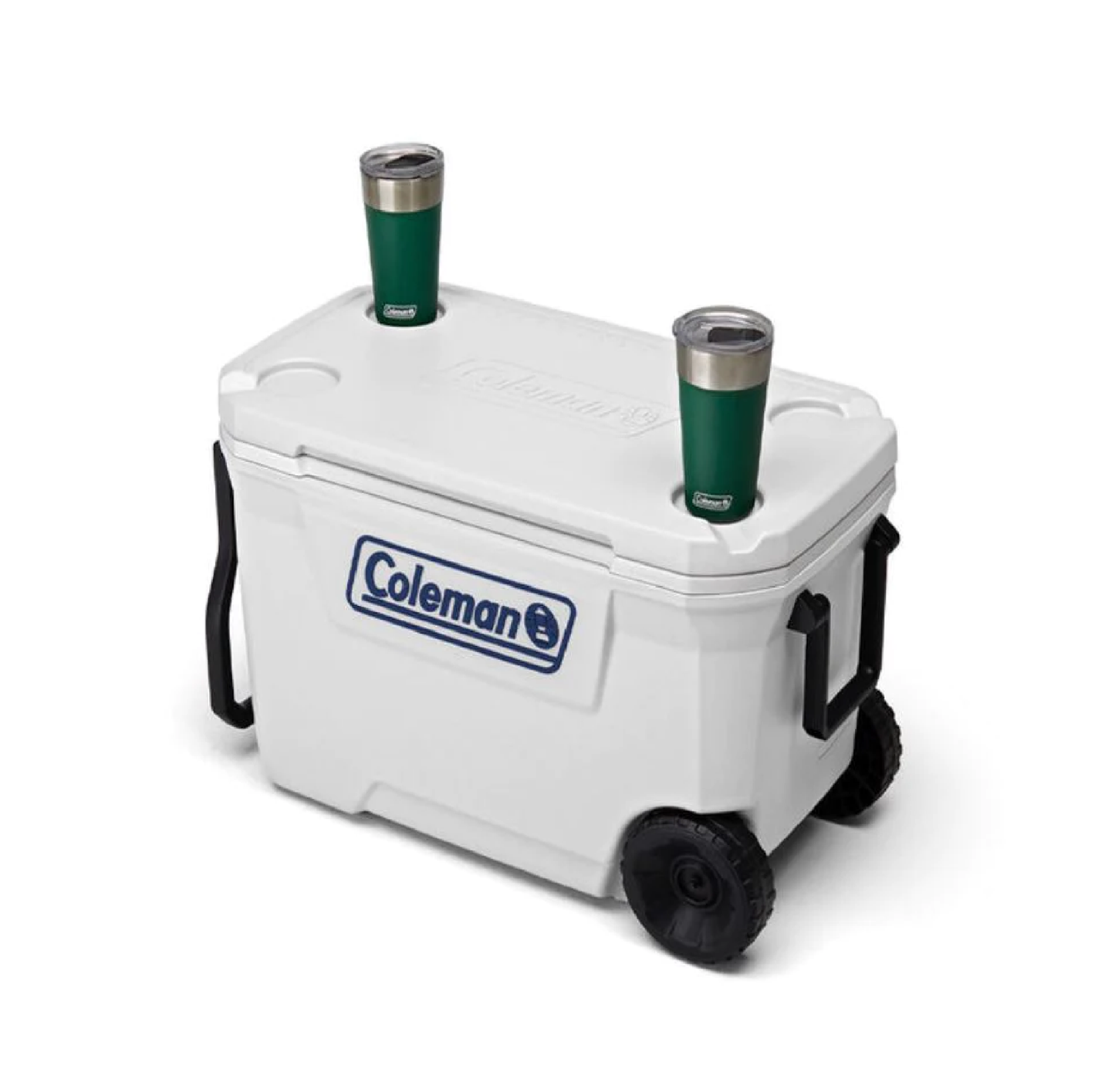 HIELERA MARINA COLEMAN 62 QT, ASA Y LLANTAS DE TRANSPORTE, BLANCO