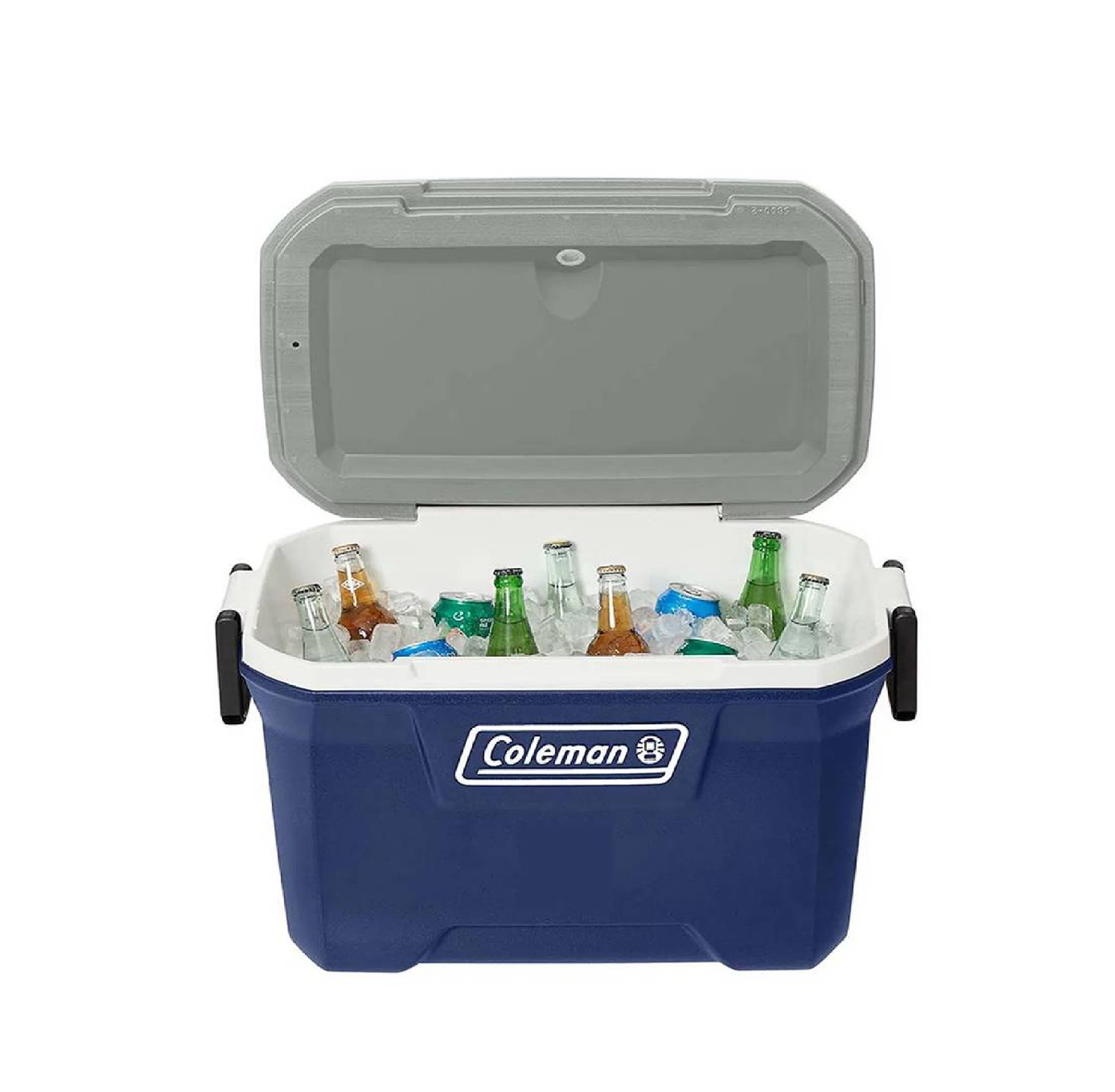 HIELERA COLEMAN 52 QT, TAPA CON MOLDE PORTAVASOS Y ASAS, AZUL C/ GRIS