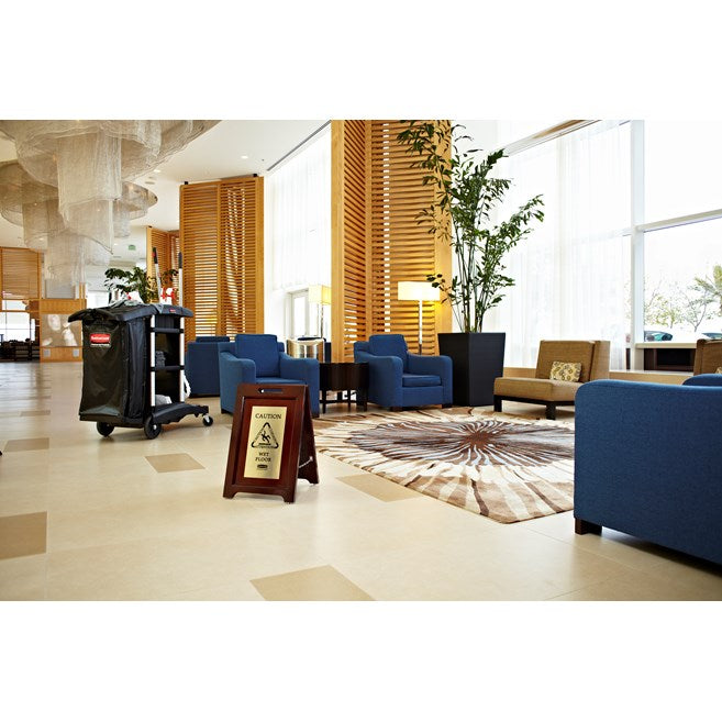 SEÑAL DE MADERA EXECUTIVE "CUIDADO" MULTILINGUAL, 2 CARAS, DORADO, 22"