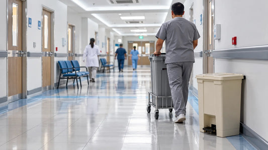 Contenedor Slim Jim con pedal y plataforma en pasillo hospitalario