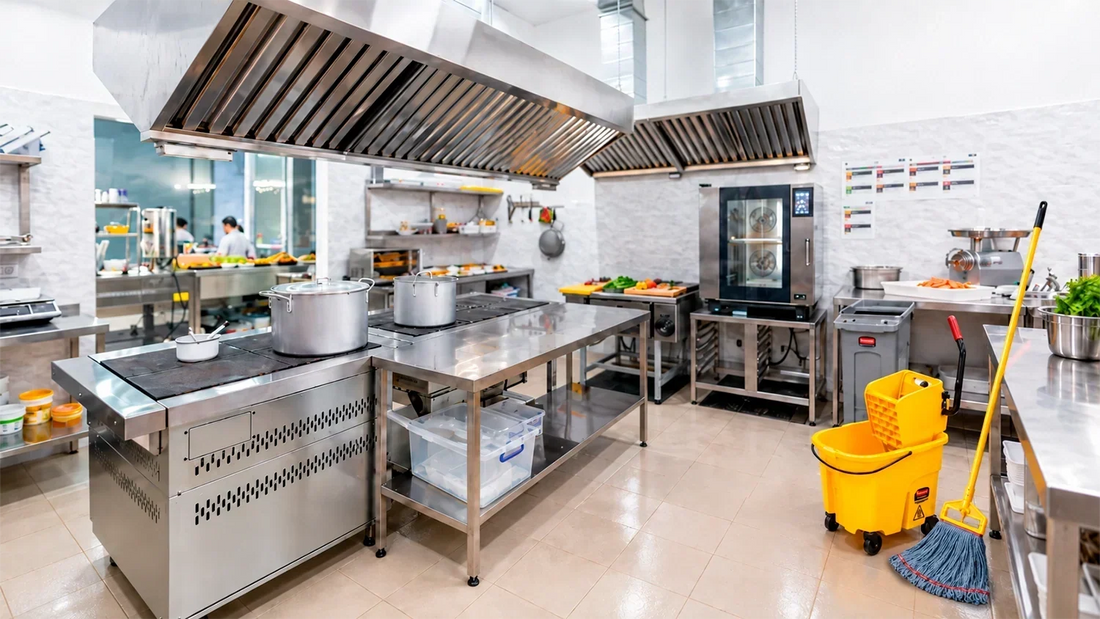Equipo de limpieza industrial Rubbermaid en cocina comercial con cubeta WaveBrake, mopa HYGEN y contenedor Slim Jim gris.