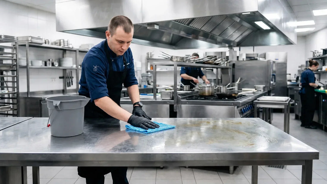 Chef limpiando una mesa de acero inoxidable en cocina industrial con paño de microfibra HYGEN y cubeta sanitizante para remover grasa sin dañar la superficie.