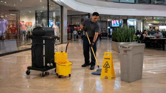 Personal de limpieza realizando mantenimiento en pasillo de centro comercial con carro Executive Cleaning Cart, sistema de trapeado WaveBrake, señalización Wet Floor y contenedor Slim Jim para mantener bajo control las zonas críticas de alto tránsito.