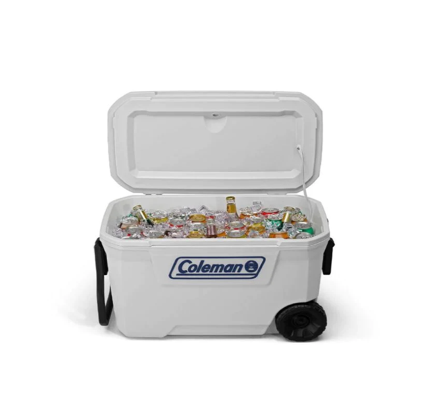 HIELERA MARINA COLEMAN 62 QT, ASA Y LLANTAS DE TRANSPORTE, BLANCO