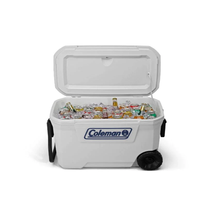 HIELERA MARINA COLEMAN 62 QT, ASA Y LLANTAS DE TRANSPORTE, BLANCO