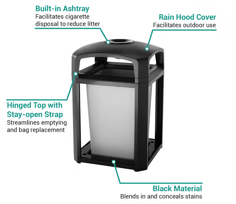 CONTENEDOR LANDMARK SERIES ARMAZÓN CON TAPA DE DOMO CON CENICERO Y FORRO INTERNO RÍGIDO, 35 GAL