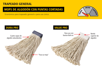 MOP HÚMEDO EXTRA GRANDE DE ALGODÓN VALUE PRO, EXTREMOS CORTADOS, BLANCO, 1"